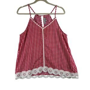 Crave Fame Tank Blouse Women's Large Gingham Red Plaid Picnic Diner Lace Hem